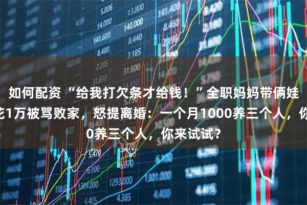 如何配资 “给我打欠条才给钱！”全职妈妈带俩娃10个月花1万被骂败家，怒提离婚：一个月1000养三个人，你来试试？